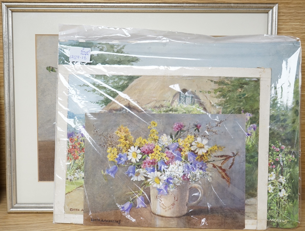 Edith Alice Andrews (exh. 1900-1940), four watercolours to include one framed, Still lifes and flowers, each signed, largest 27 x 35cm. Condition - fair/good